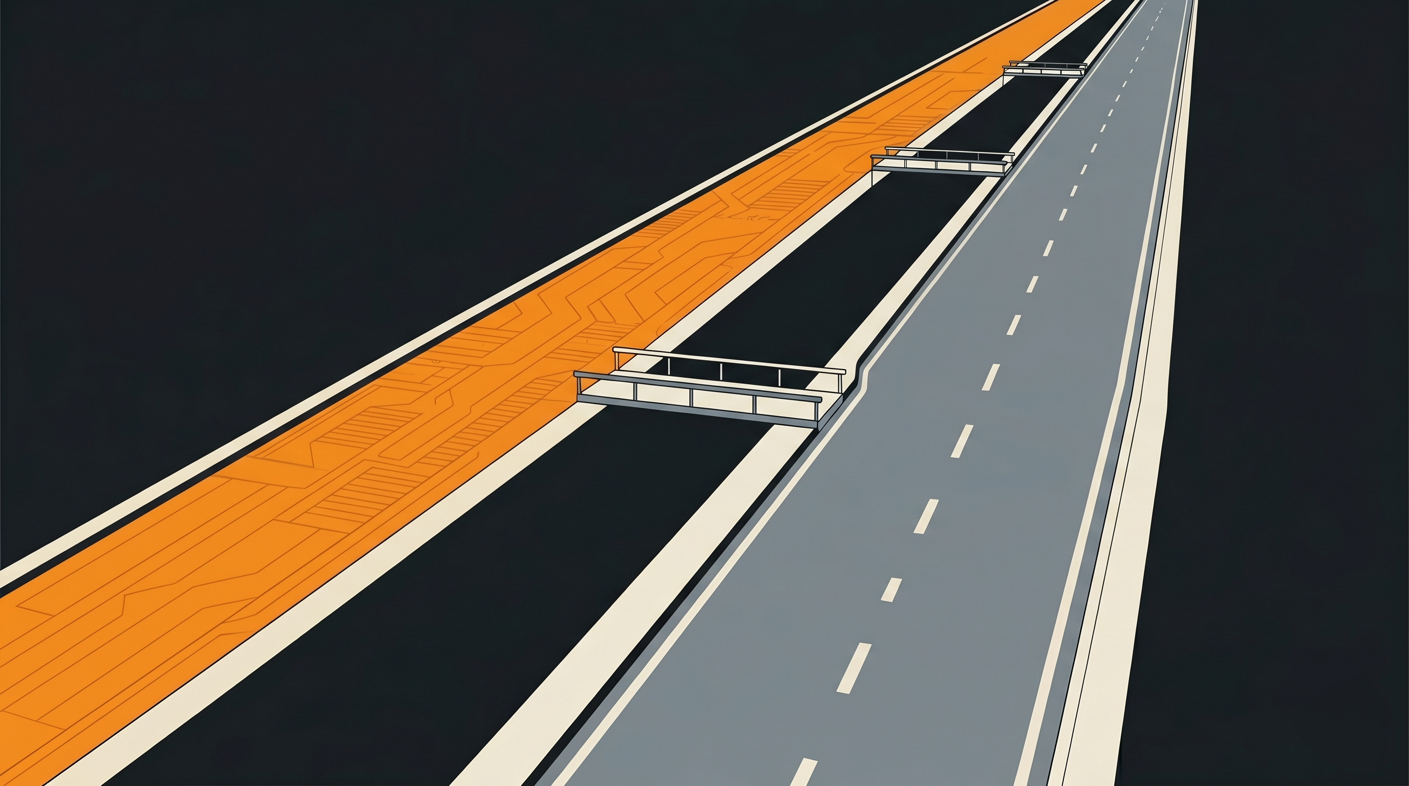 Two parallel roads running into the distance across a dark plane — one paved in warm Bitcoin-orange (the parallel, sovereign economy), the other in cool slate-grey (the incumbent payment stack). They never merge; they are connected only by a few thin, narrow bridges at intervals, and keep visibly different architectures.